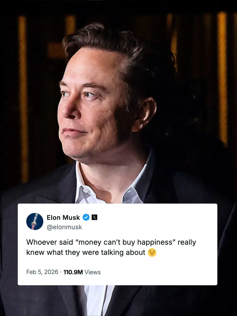 Elon Musk - Money can't buy happiness Tweet Screenshot Example